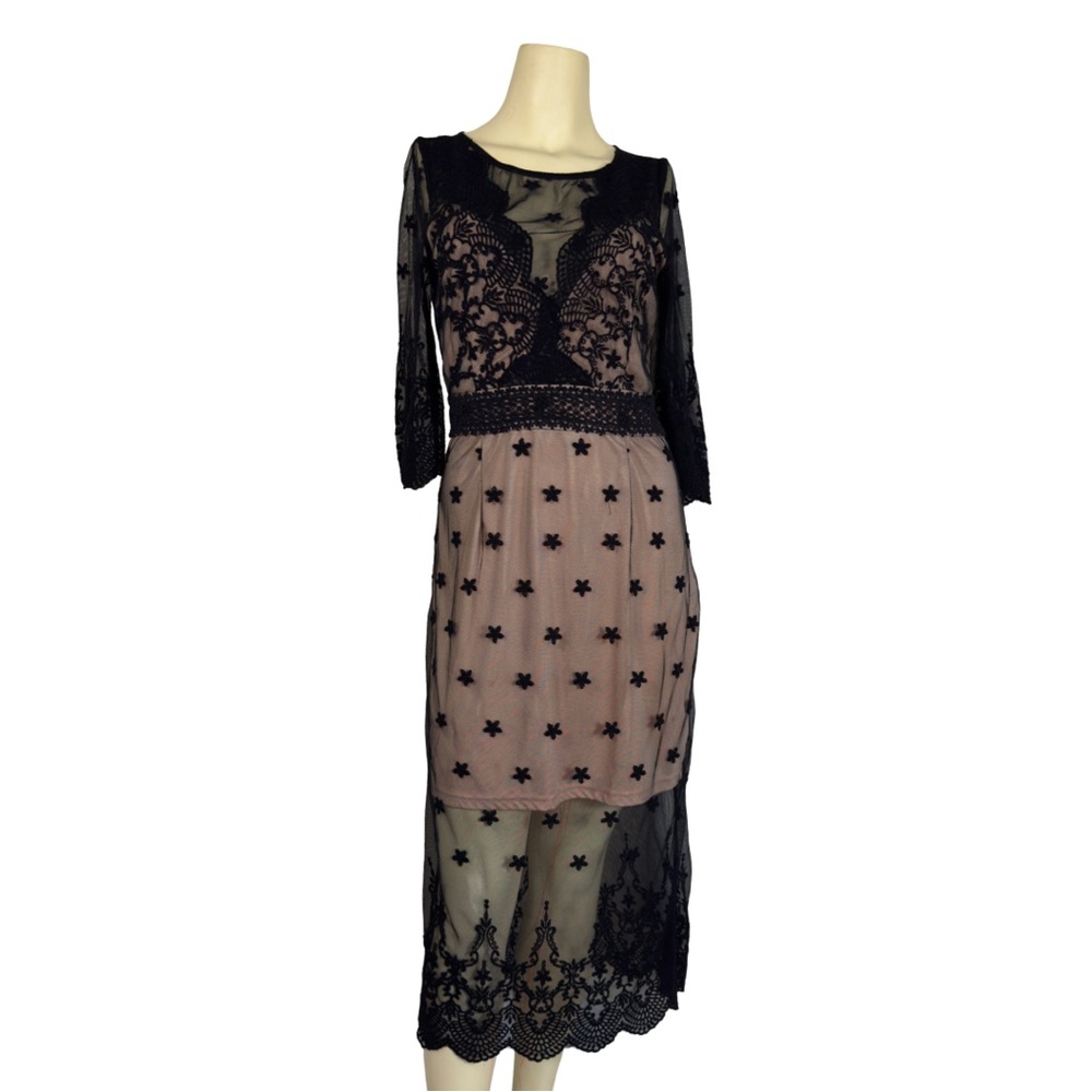 Anthropologie Black Lace Mesh Overlay Embroidered Whimsigoth Midi Dress LIKE NEW